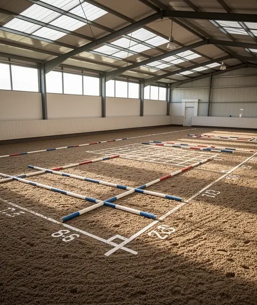Empty indoor horse riding arena with ground poles and marked lines, structured training setup, wide angle view, clean modern equestrian facility, soft natural light, realistic high resolution photography

