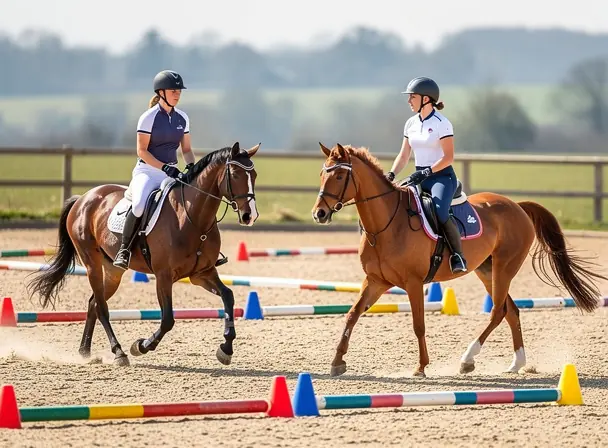 Two riders training with their horses in an outdoor arena with cones, dynamic movement, focus on posture and control, modern riding gear, bright daylight, realistic photography, sharp details, equestrian training session, depth of field
