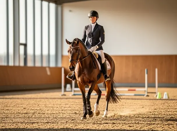 Professional photo of a rider on a horse in an indoor arena, centered composition, soft natural light coming from large windows, modern riding hall, calm and focused atmosphere, realistic details, high resolution, depth of field, equestrian training scene
