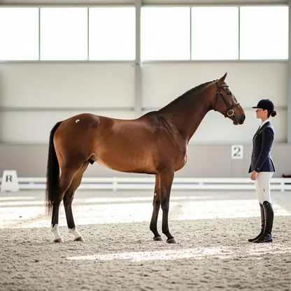 Horse standing calmly in a modern indoor arena, evaluation setting, rider observing posture and conformation, soft natural light, professional equestrian atmosphere, realistic photography, high detail
