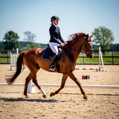 Rider training on a horse in an outdoor arena, focus on correct posture and balance, dynamic movement, bright daylight, professional riding session, realistic style, sharp details

