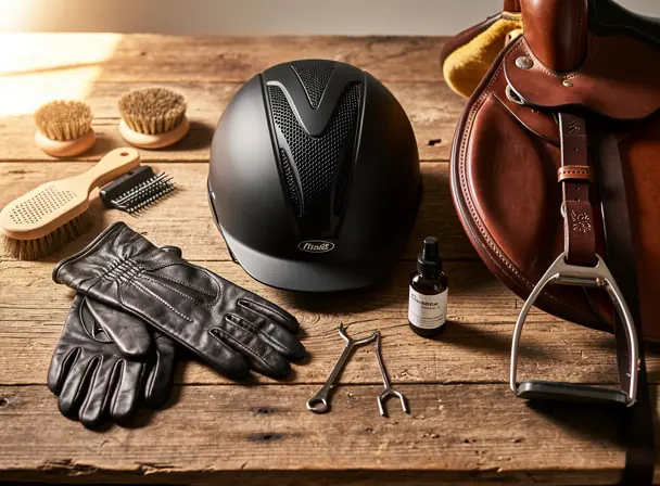 Equestrian equipment neatly arranged on wooden table: riding helmet, gloves, saddle and grooming tools, warm natural light, professional product photography, high resolution, realistic details
