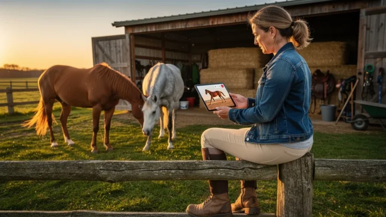 Femme réfléchissant à l'achat d'un cheval à distance avec vidéo, ambiance ferme équestre réaliste au coucher du soleil