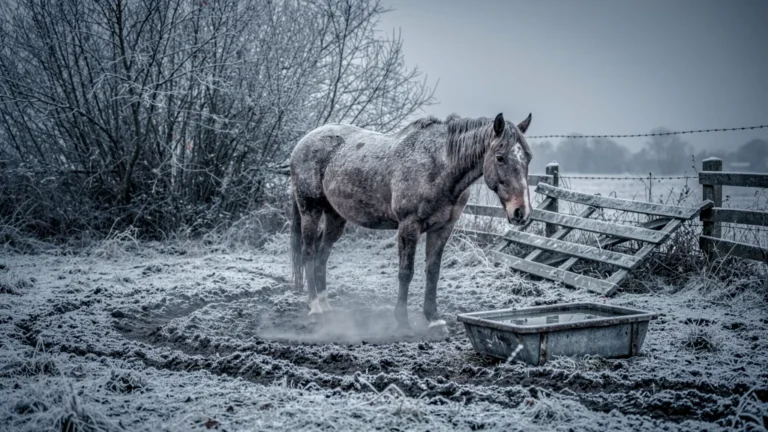 Cheval maigre en hiver dans une pension négligée, symbole d'un mauvais choix coûteux