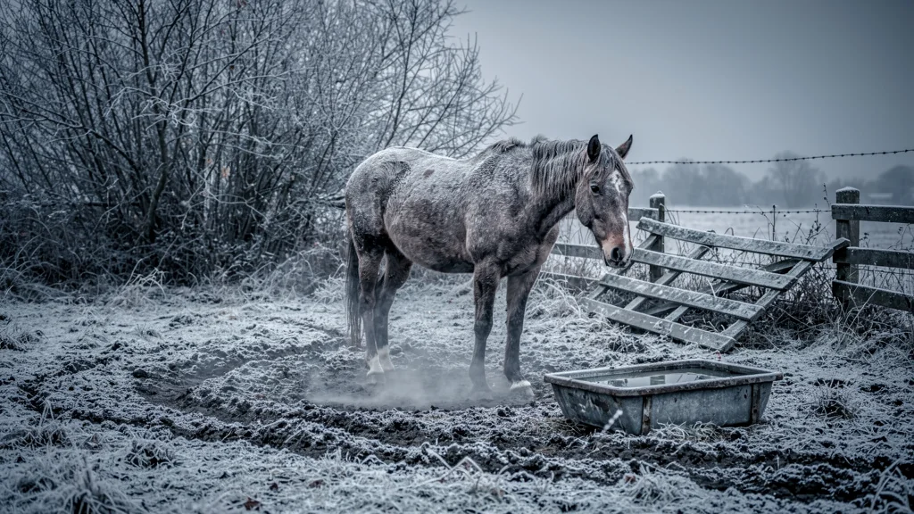 Cheval maigre en hiver dans une pension négligée, symbole d'un mauvais choix coûteux