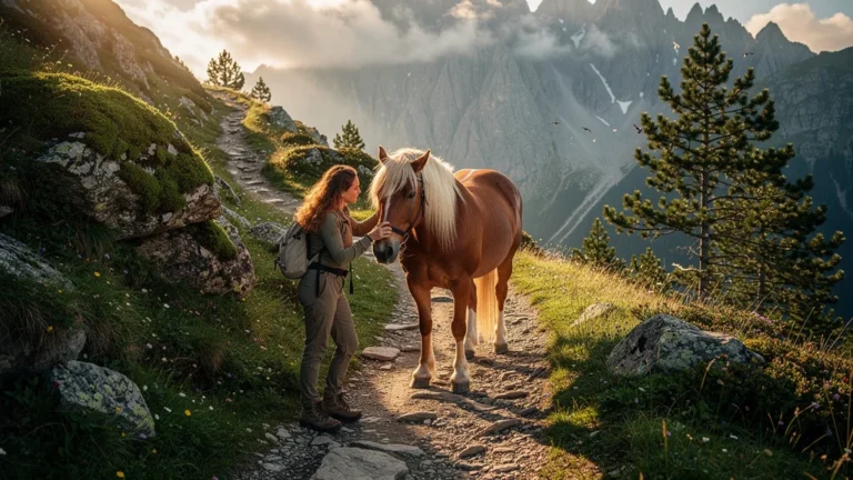 Ascension d'un Haflinger sur un sentier d'altitude, symbole de patience et d'écoute en montagne