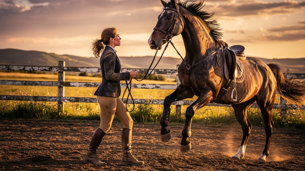 Jeune femme lutte à contrôler un cheval trop nerveux dans un paddock au coucher du soleil