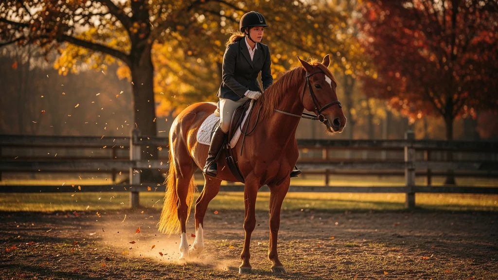 Débutante hésitante sur un cheval nerveux, illustrant ce qu'il faut vérifier avant de choisir un cheval pour débuter