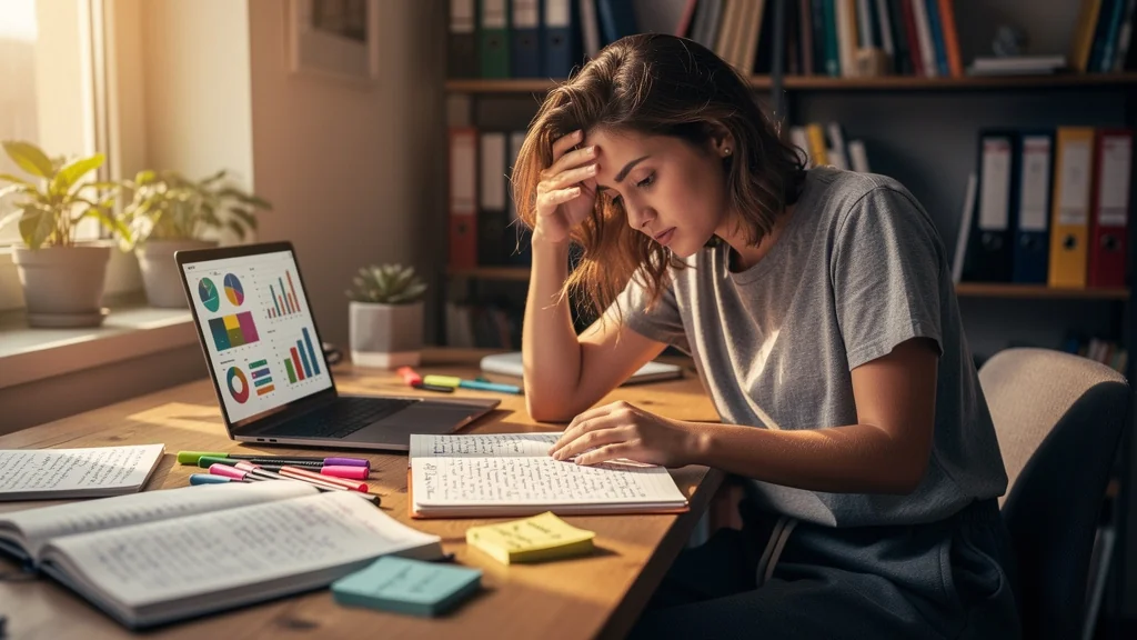 Jeune débutante en apprentissage rapide, absorbée et fatiguée, dans un bureau lumineux et moderne