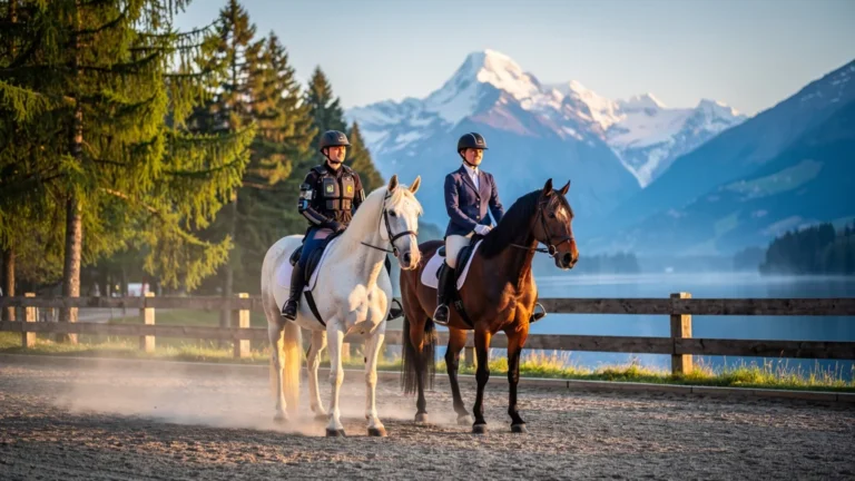 Photo réaliste du centre équestre inclusif entre Annecy et Chamonix au lever du soleil