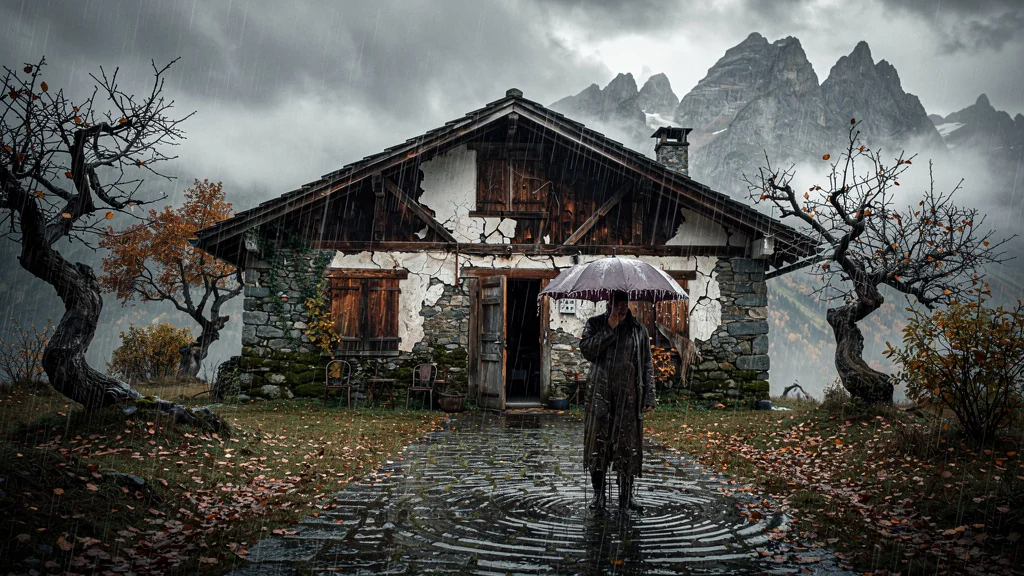 Pension haute-savoyarde sous la pluie d’automne avec ambiance mélancolique et paysage montagneux