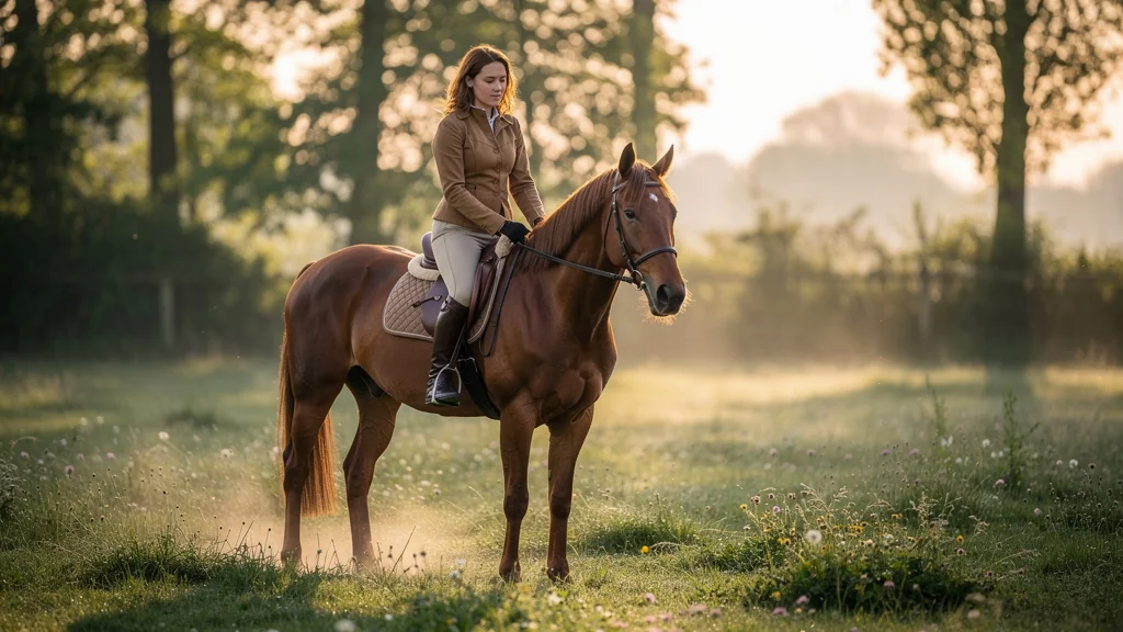 Cheval crispé au montoir avec sa cavalière ressentant une prise de conscience au paddock matinal