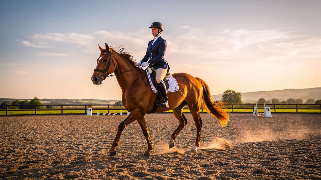Rider experiencing sensation of lightness by releasing reins on flat arena at golden hour, equestrian harmony
