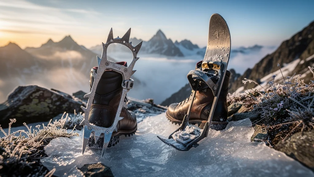 Comparaison hyper-réaliste fer à glace et ferrure classique sur pente alpine givrée en descente