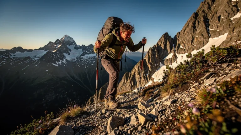 Hiker fatigué en montagne alpine face à un dénivelé mal estimé lors de sa première randonnée
