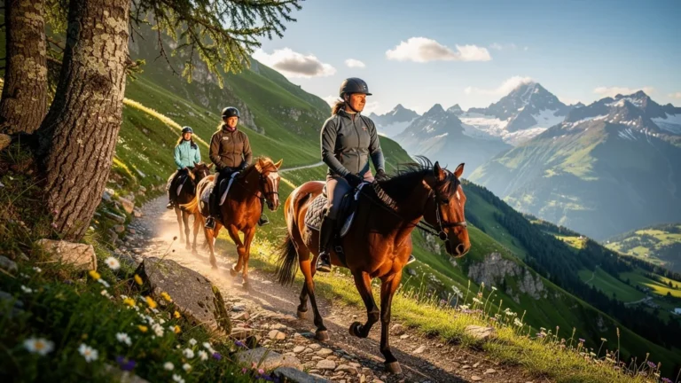 Randonneurs équestres en Haute-Savoie descendant un sentier de montagne spectaculaire sur 5 jours