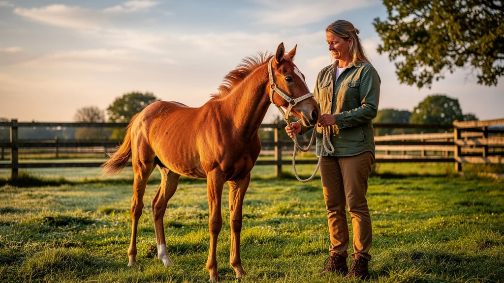 Jeune poulain nerveux réagissant au licol éthologique sous la main douce d'un cavalier en plein entraînement