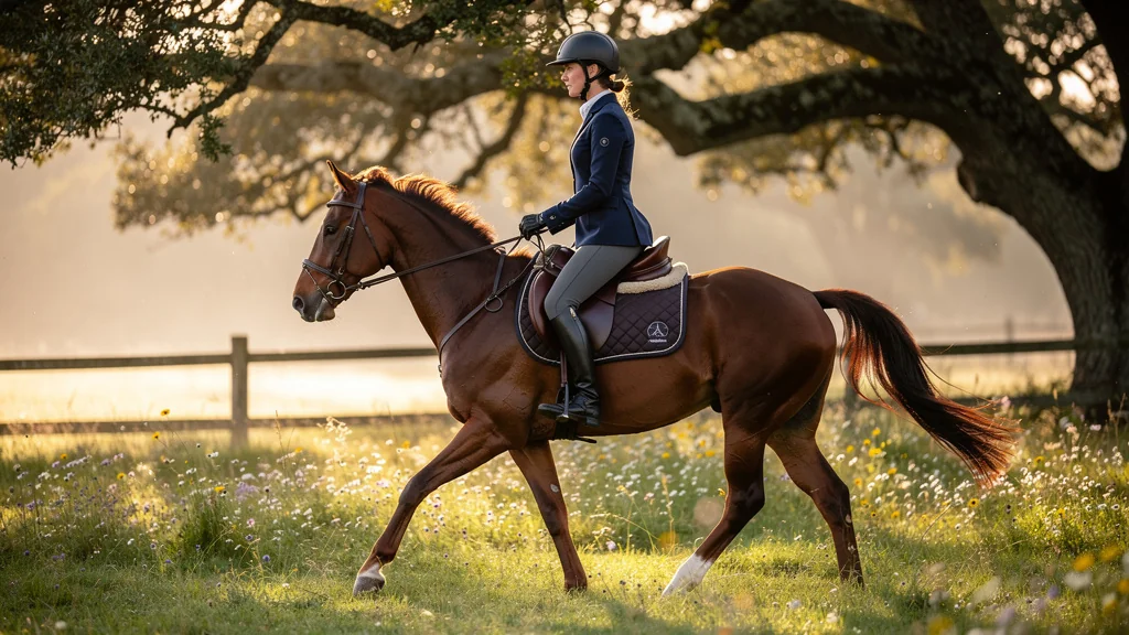 Femme testant une selle mixte pour suivre les mouvements du cheval au trot enlevé en plein air