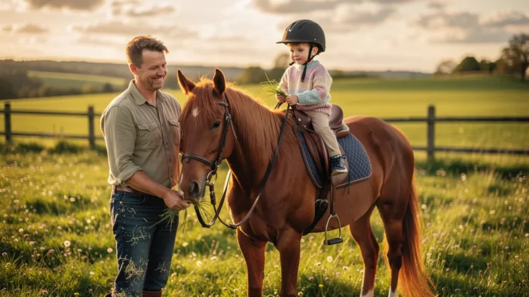 Enfant découvrant l'équitation sur son premier cheval, moment d'émerveillement et apprentissage sensoriel