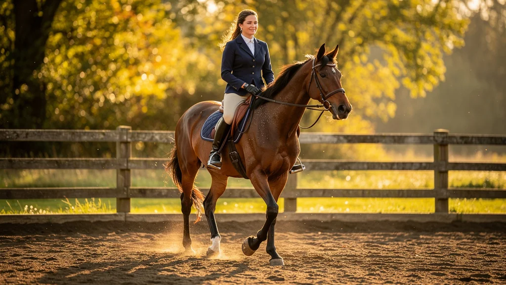 Femme confiante avec son cheval calme en carrière, symbolisant une confiance retrouvée entre eux
