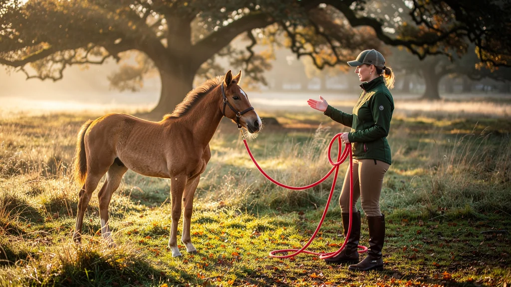 Gestion d’un poulain nerveux avec une longe élastique dans un paddock au lever du jour
