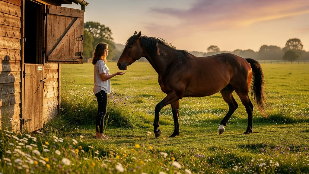 Transition d'un centre équestre classique au pré pour cheval, entre box et liberté en pleine nature