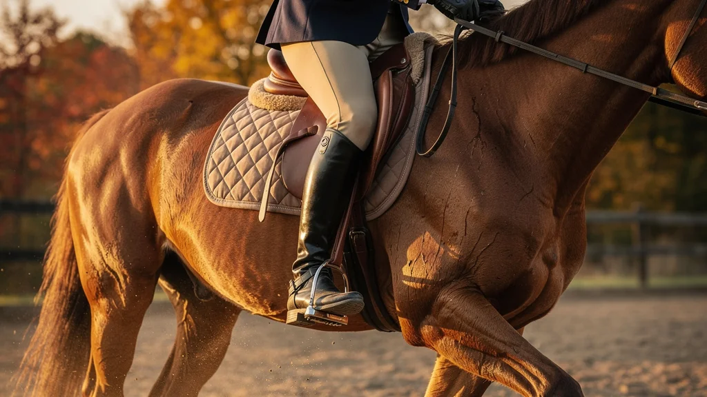 Cavalier mal posant ses jambes fatiguant son cheval dans une carrière en lumière dorée