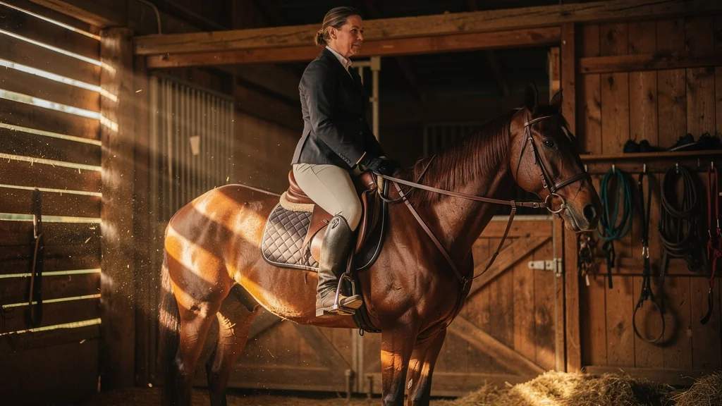 Femme à cheval avec étriers mal réglés bloquant sa posture et figé son bassin pendant des mois