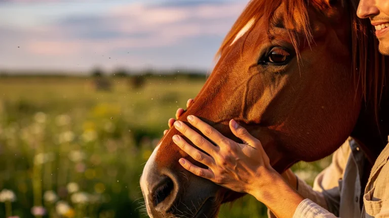 Mains douces touchant un cheval, reflet de confiance et douceur dans un cadre naturel paisible