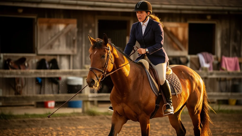 Mon avis sur l'usage de la cravache face à un cheval visiblement stressé en contexte équestre réaliste
