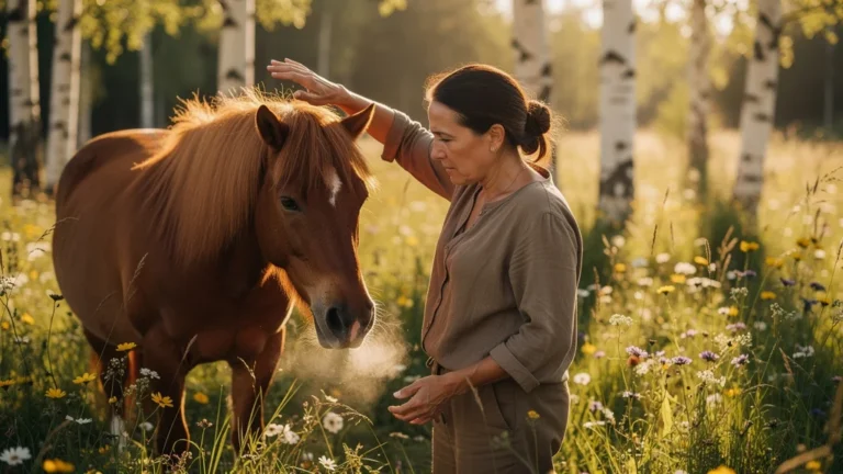 Femme calme observant la respiration lente et stressée de son poney dans un pré paisible