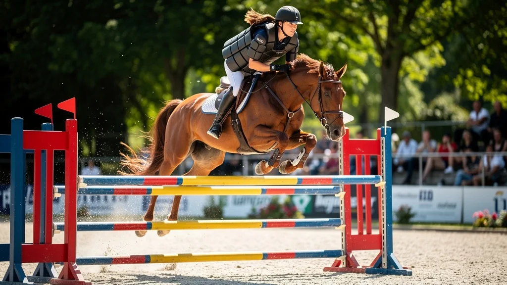 Cavalière en saut d'obstacles avec gilet de protection alourdissant ses mouvements en compétition