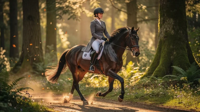 Cavalière en forêt ressentant la cadence du trot de dressage, regard transformé par la promenade