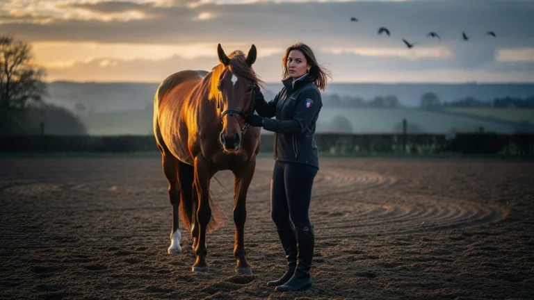 Femme monitrice FFE et coach ethologue en plein moment émotionnel avec son cheval au crépuscule