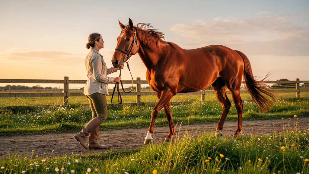 Femme calmant son cheval avant de monter, illustrant l'importance du calme dans le travail équestre