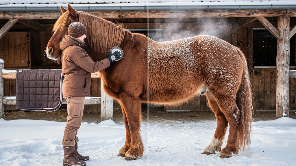 Comparaison hyper-réaliste du pansage quotidien vs tous les 2 jours sur poil d’hiver de cheval