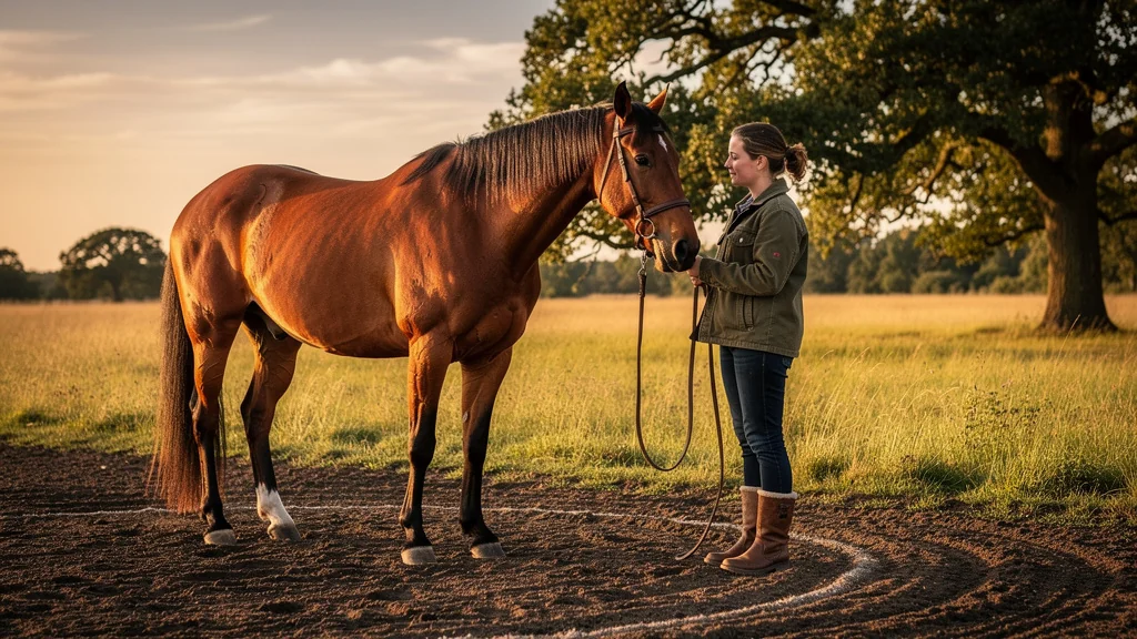 Femme travaillant à pied avec son cheval dans un paddock au coucher du soleil, relation et compréhension en action