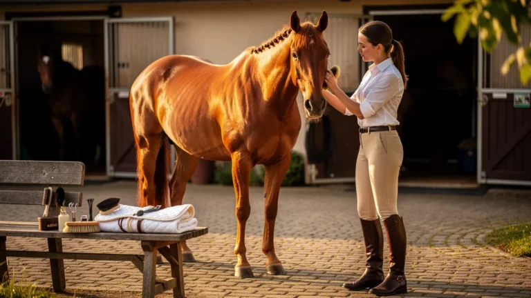 Préparation pas à pas d’un cheval pour un spectacle de club, soin et complicité avant la compétition