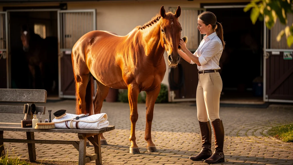 Préparation pas à pas d’un cheval pour un spectacle de club, soin et complicité avant la compétition