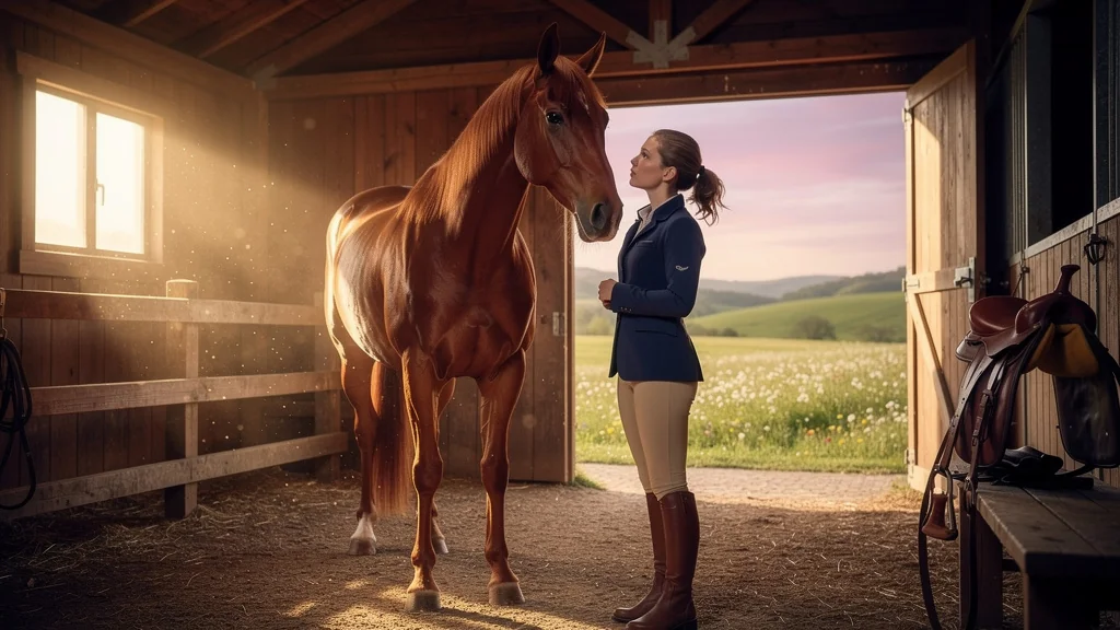 Jeune femme choisissant entre propriétaire et demi-pension pour son premier cheval au coucher du soleil