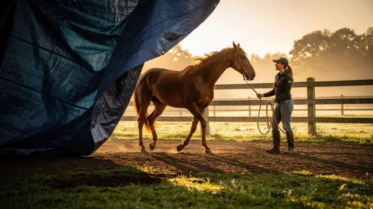 Cheval surpris par bâche soulevée au vent lors d'un protocole de désensibilisation sur 15 jours
