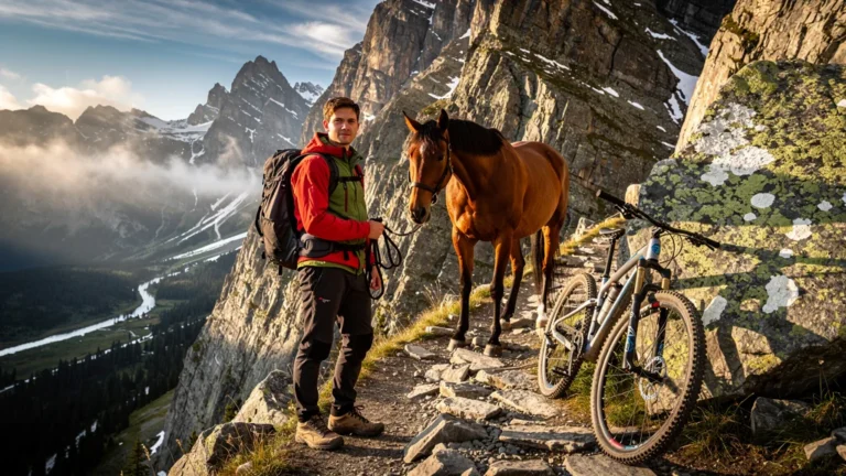 Randonnee alpine à cheval et VTT face à un passage rocheux en haute montagne
