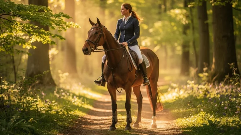 Femme reprenant l’équitation après 6 mois d’arrêt, expression déterminée sur un cheval en forêt au lever du soleil