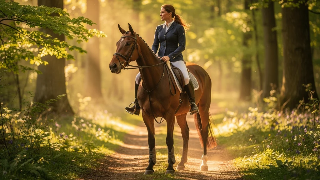 Femme reprenant l’équitation après 6 mois d’arrêt, expression déterminée sur un cheval en forêt au lever du soleil