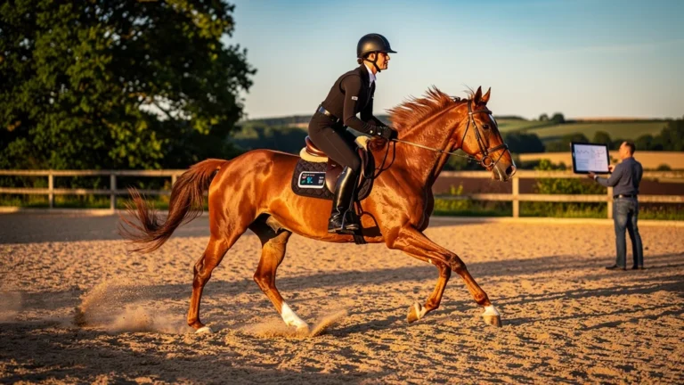 Cheval en plein galop avec cardio monitoré lors d’un test de 15 foulées en extérieur