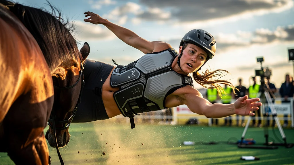 Test d’un gilet de protection équitation montrant sa rigidité lors d’une chute inattendue en pleine simulation
