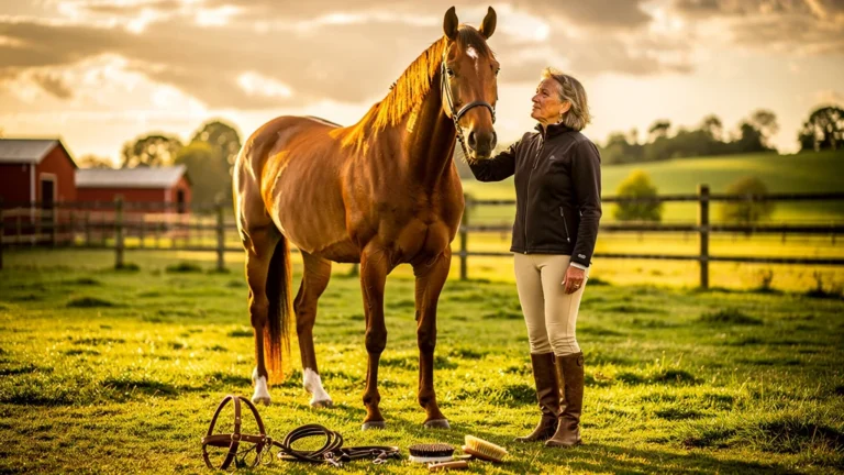 Photographie réaliste d’un trotteur français réformé avec son propriétaire dans un paddock au coucher du soleil