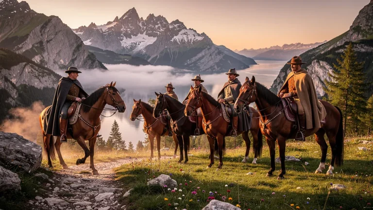Observation en montagne d’une cavalerie près d’Annecy au lever du soleil, scène réaliste et détaillée