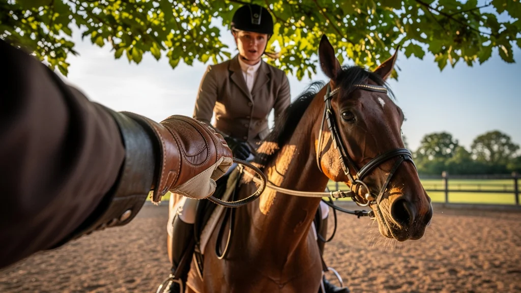 Rider frustrated with too thick gloves ruining contact with horse reins en pleine séance d'équitation