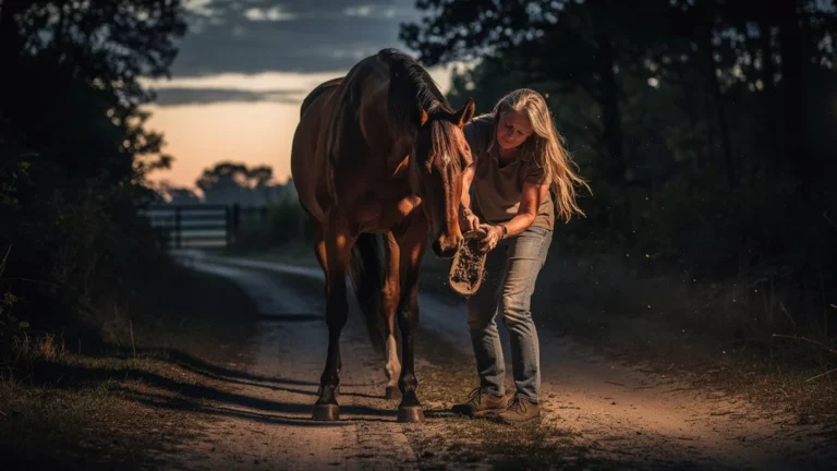 Cheval boitant à cause d’un curage négligé, scène au crépuscule avec cavalier inquiet sur un sentier rural